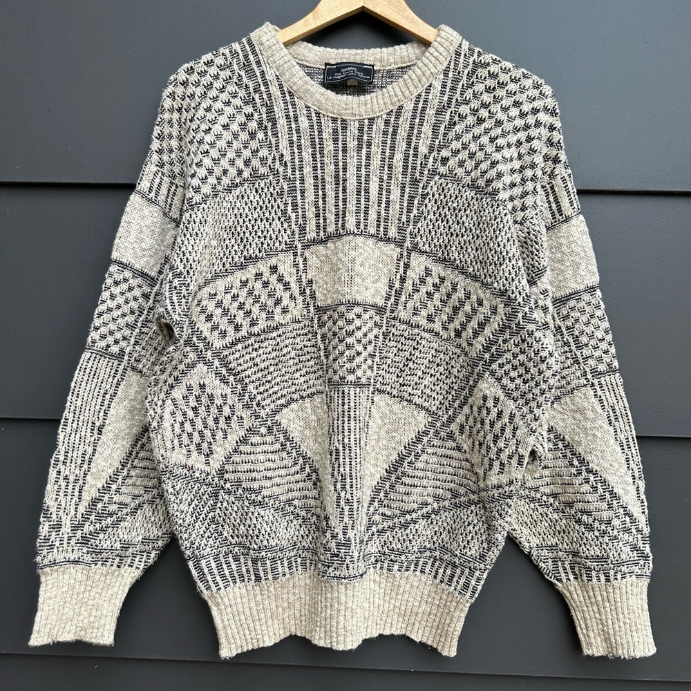 Vintage Sears Grandpa Style Sweater - Geometric  knit - Cotton mix - Oversized M